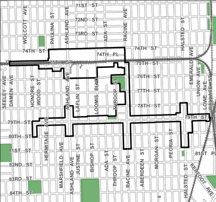 79th Street Corridor TIF district, roughly bounded on the north by 74th Street, 81st Street on the south, Wallace Street on the east, and Damen Avenue on the west.